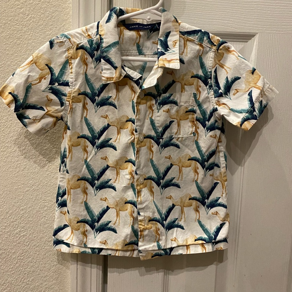 Janie and Jack camel and palm poplin button down shirt. Size 3T.